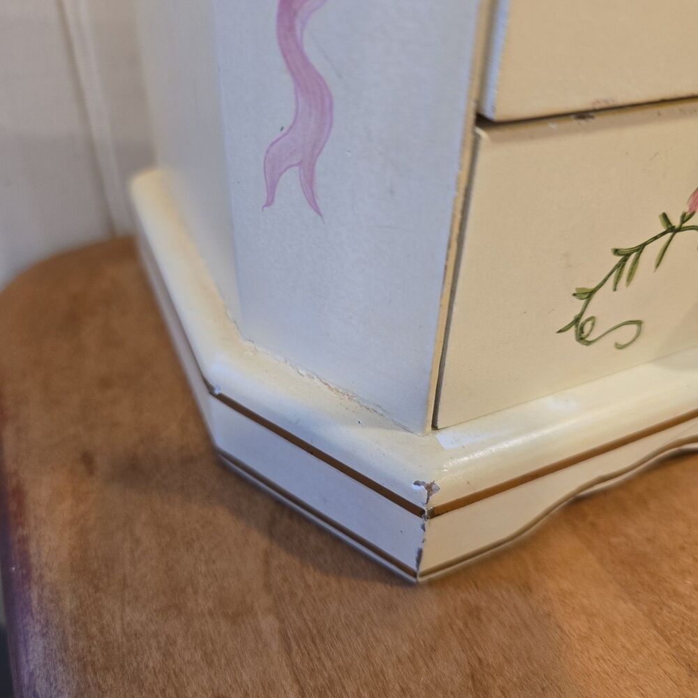 Vintage 4 Drawer Jewelry Box Roses & Ribbons Faux Wood Cottage Handpainted - Picture 7 of 10